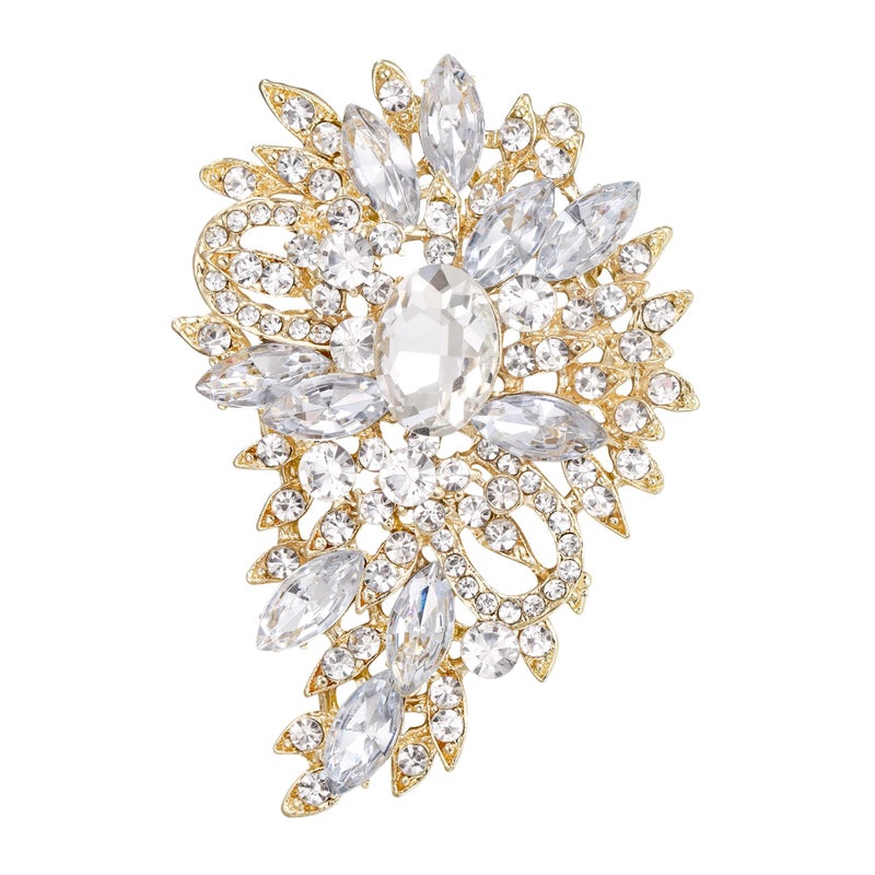 EVER FAITH Women's Bridal Corsage Rhinestone Crystal Wedding Flower Leaf Bouquet Brooch Clear Gold-Plated-Base - Image 1